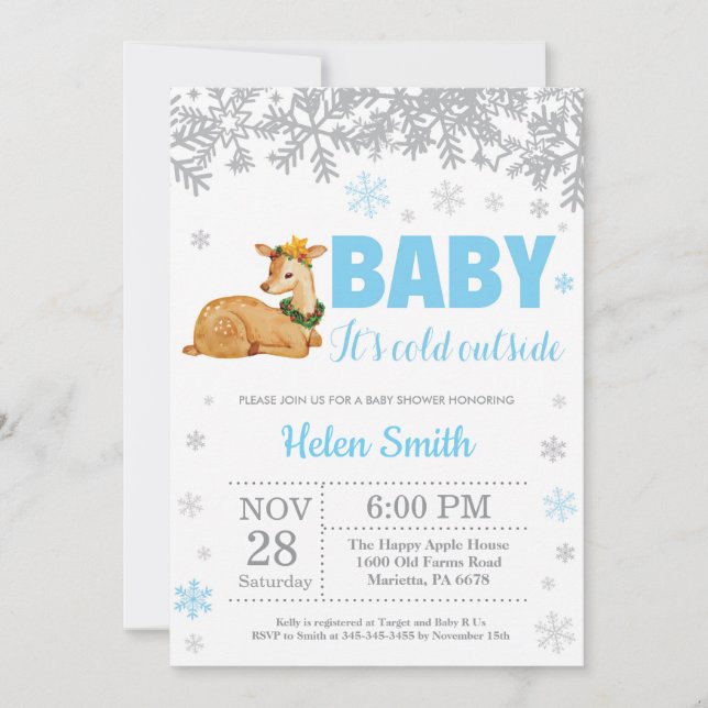 Hjort Winter Blue Boy Baby Shower Snowflake Inbjudningar (Framsida)