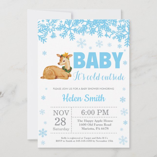 Hjort Winter Blue Boy Baby Shower Snowflake Inbjudningar (Framsida)