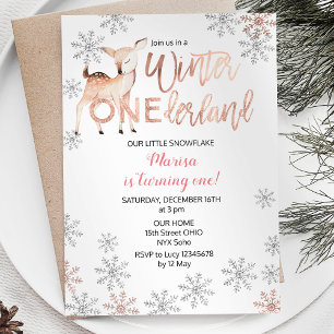 Hjort Winter ONEderland Birthday Inbjudan Ro Guld