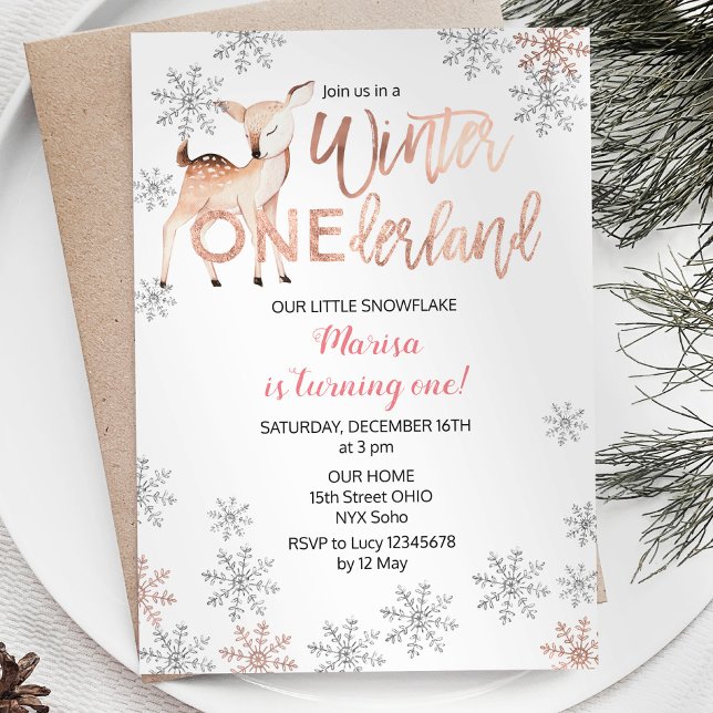 Hjort Winter ONEderland Birthday Inbjudan Ro Guld (Skapare uppladdad)