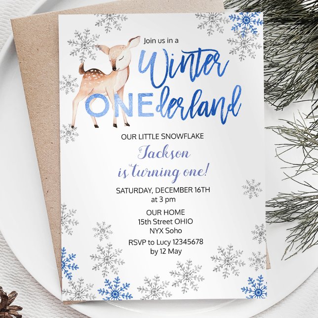 Hjort Winter ONEderland Snö Birthday Inbjudan (Skapare uppladdad)