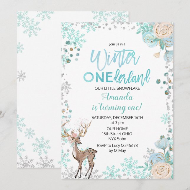 Hjort Winter ONEderland Snö Birthday Inbjudan Mint (Fram/baksida)