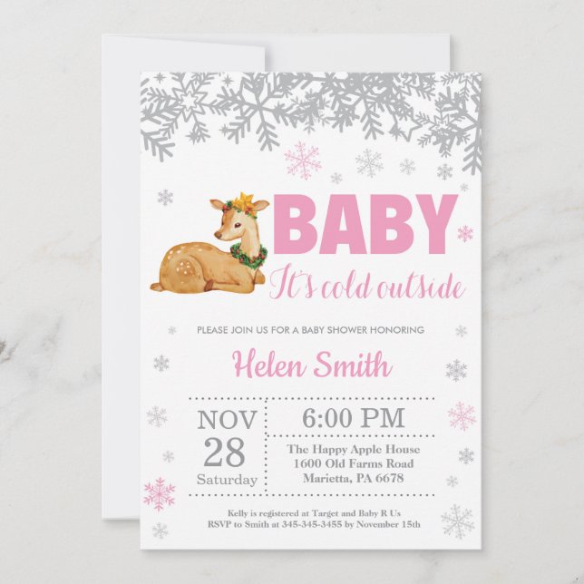 Hjort Winter Rosa Girl Baby Shower Snowflake Inbjudningar (Framsida)