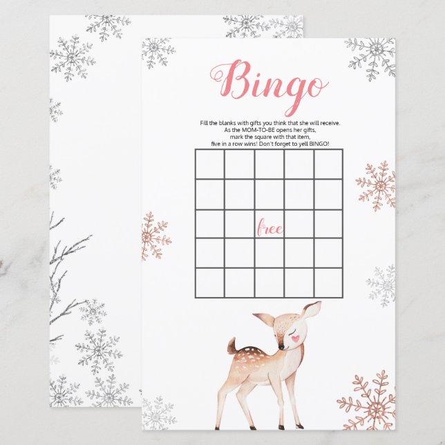 Hjort Winter Snöflingor ONEderland Birthday Bingo (Fram/baksida)