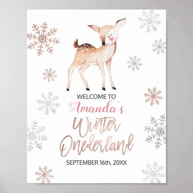 Hjort Winter Snöflingor ONEderland Birthday Välkom Poster (Framsidan)