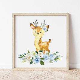 Hjort, Woodland Animals, Boho, Blåa blommor Poster