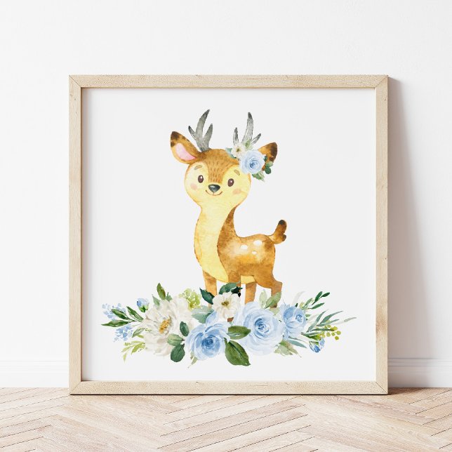 Hjort, Woodland Animals, Boho, Blåa blommor Poster (Skapare uppladdad)