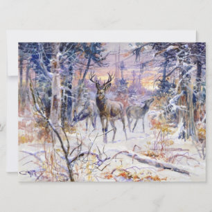 Hjortar i en snöig skog (vintersäsong) kort