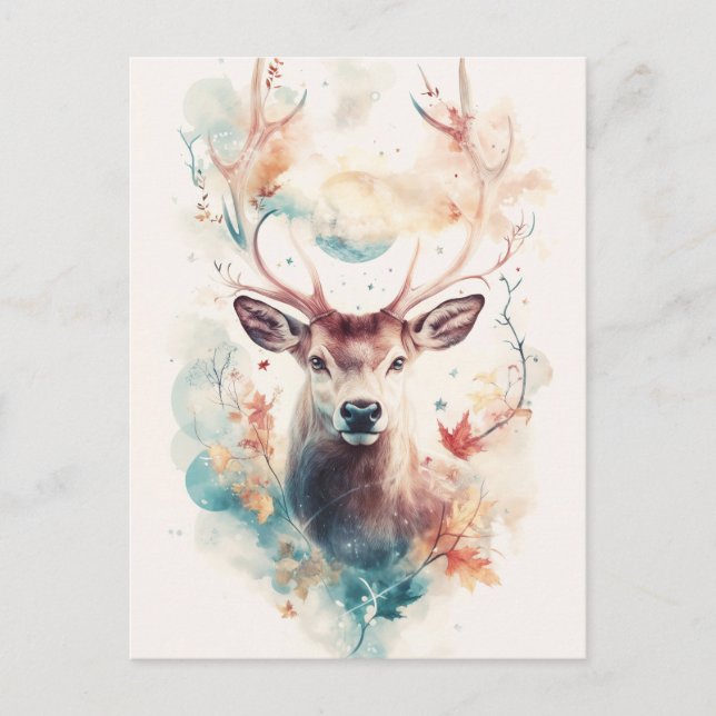 Hjortbuck med höstlöv och blå måne vykort (Framsida)