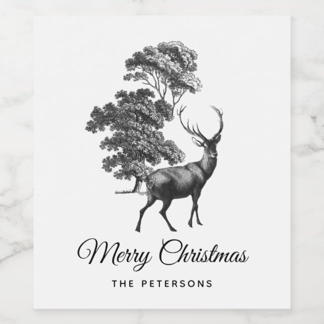 Hjorten Black White Toile, klassisk Elegant i skog Vinflaska Etikett (Singel etikett)