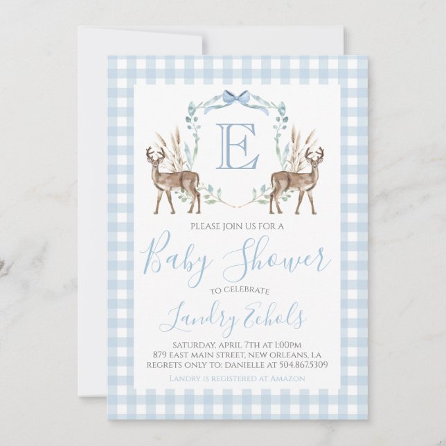 Hjorten Hunter Baby Shower för Preppy Southern Blu Inbjudningar (Framsida)