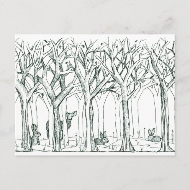 Hjorten Snö-kaniner i Forest Animals Winter Träd Vykort (Framsida)