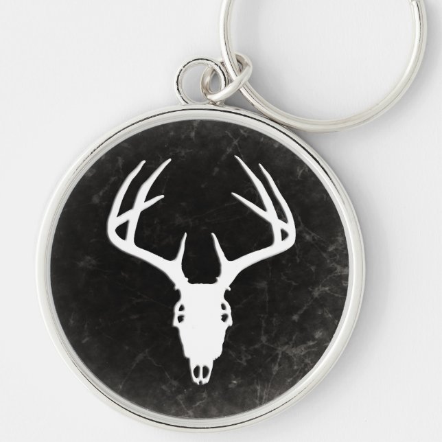 Hjortjaktskalle med horn på kronhjort rund silverfärgad nyckelring (Framsidan)