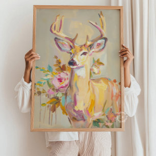 Hjortmålning Floral Pastell Väggtryck Poster