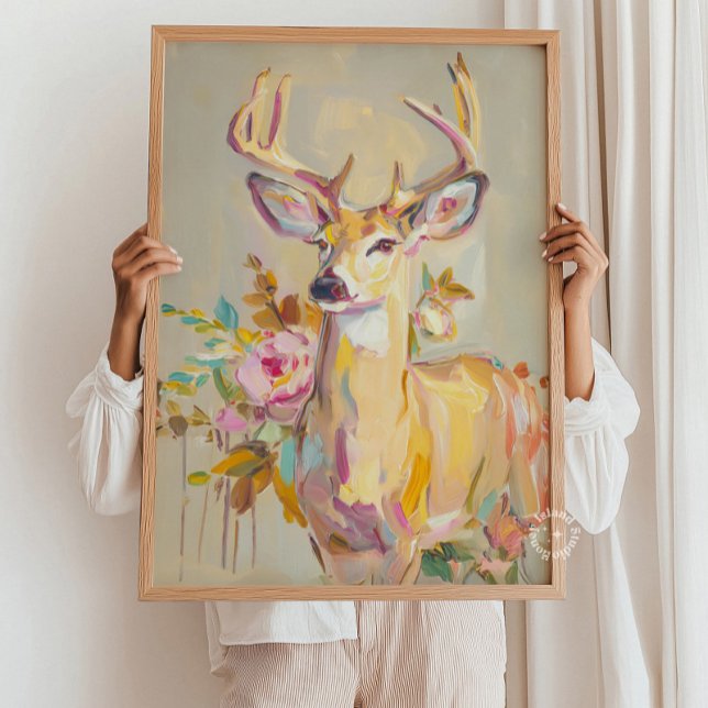 Hjortmålning Floral Pastell Väggtryck Poster (Modern Abstract Deer Painting Floral pastel Print)