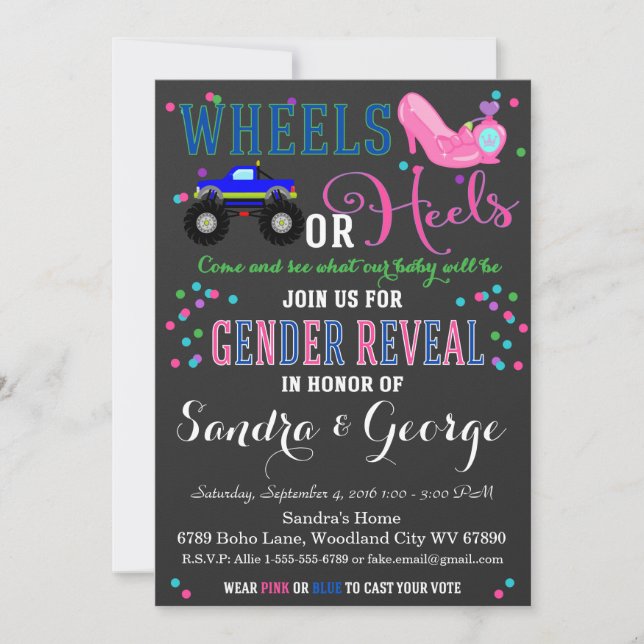 Hjul eller Heels Gender Reveal Party-inbjudan Inbjudningar (Framsida)
