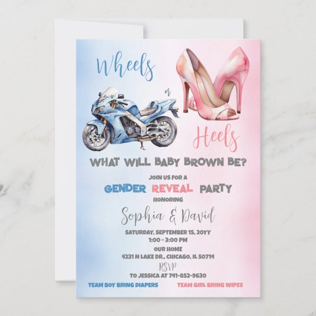 Hjul eller Heels Gender Reveal Party Inbjudningar (Framsida)