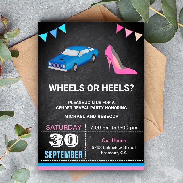 Hjul eller Heels Gender Reveal Party Inbjudningar (Skapare uppladdad)