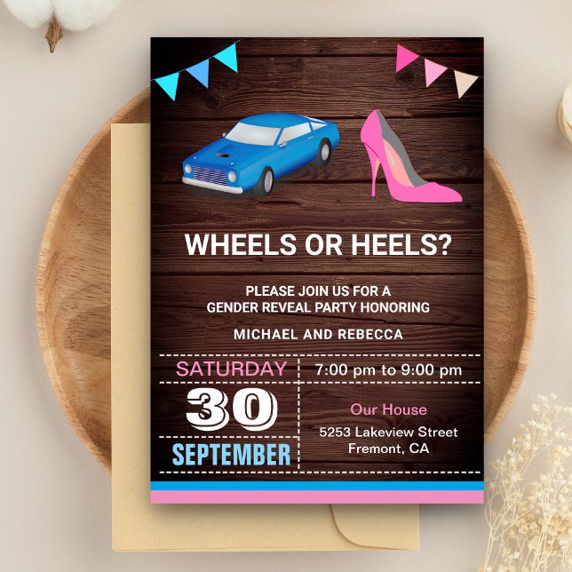 Hjul eller Heels Gender Reveal Party Inbjudningar (Skapare uppladdad)