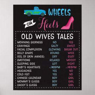 Hjul eller Heels Old Wives Tales Gender Reveal Sig Poster