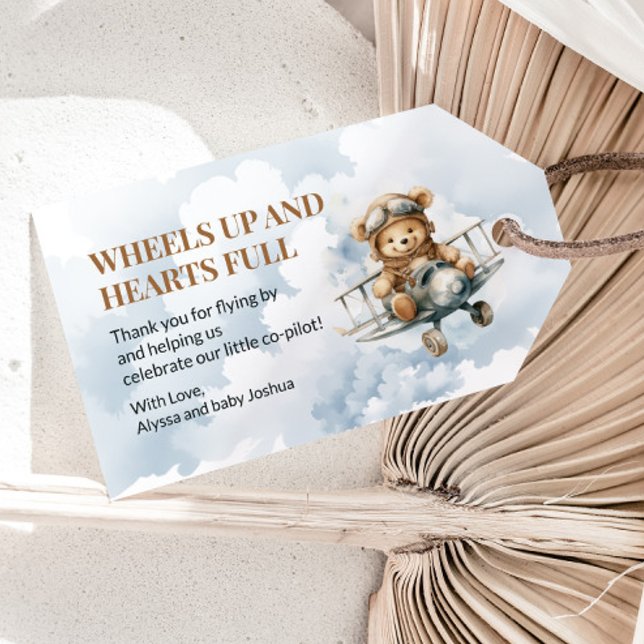 Hjul Uppe Teddybjörn Flygplan Baby Shower Presentetikett (Wheels Up Little Co-Pilot baby shower gift tag)