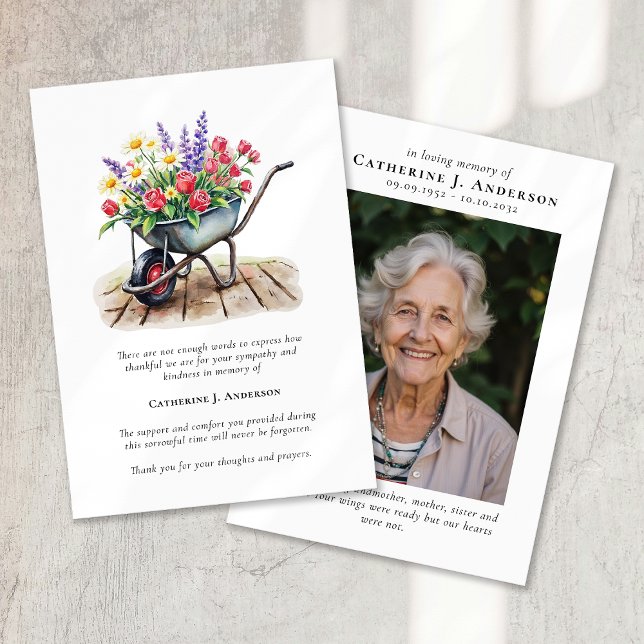 Hjulbarrow Flowers Photo Funeral Memorial Tack Kort (Skapare uppladdad)