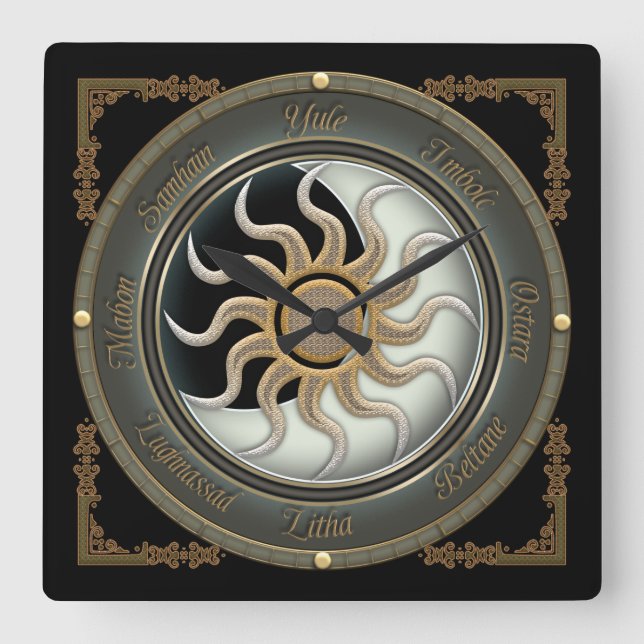 Hjulspärr i sol och Måne Fyrkantig Klocka (Framsida)