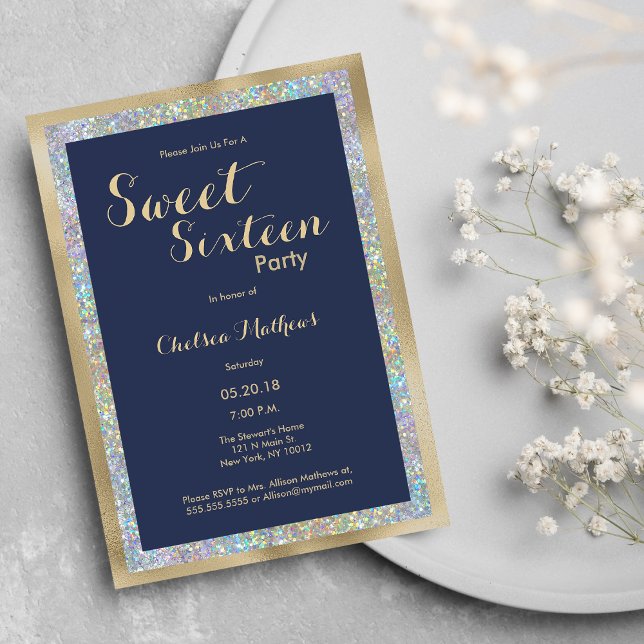 Hlografisk Sweet sixteen vid öppet guld silver Inbjudningar (Navy blue gold silver holographic Sweet Sixteen)