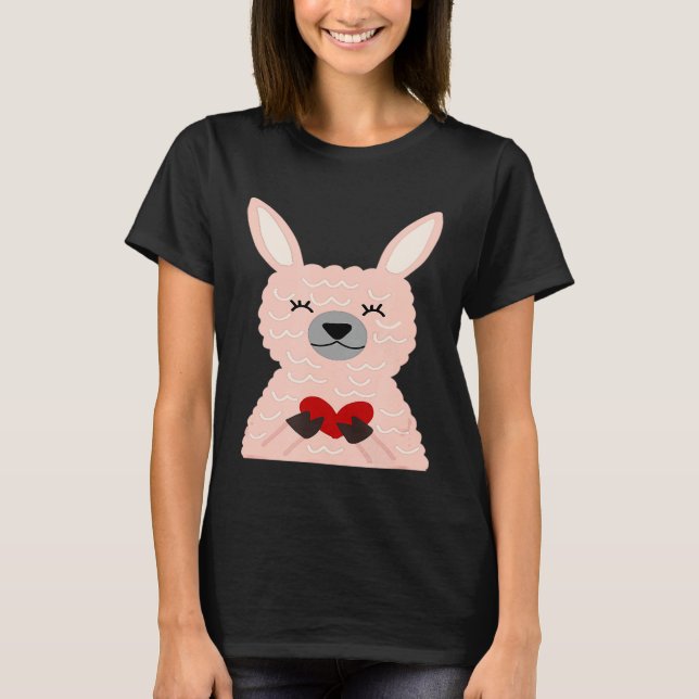 HMRDesigner Cute Rosa Llama Holding Heart T Shirt (Framsida)
