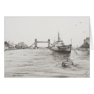 HMS Belfast vid floden Thames London.2006 Hälsningskort