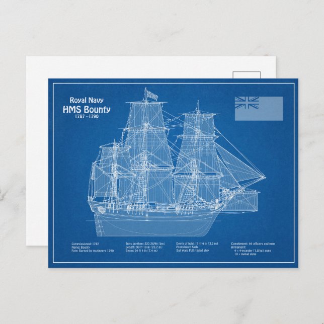 HMS Bounty - Frakt Blueprint Plans ABD Vykort (Fram/baksida)