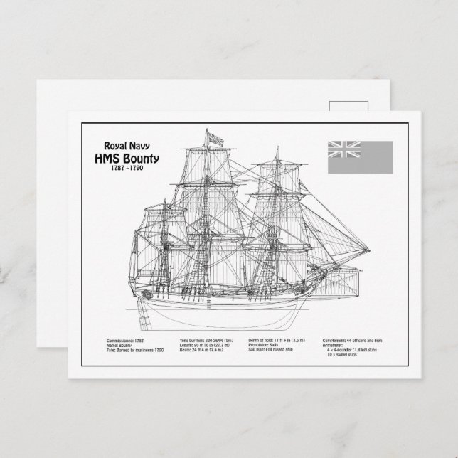 HMS Bounty - Frakt Blueprint Plans BD Vykort (Fram/baksida)