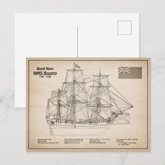 HMS Bounty - Fraktens skisserplaner SD Vykort (Fram/baksida)