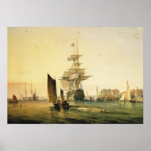 HMS Britannia som skriver in Portsmouth, 1835 Poster
