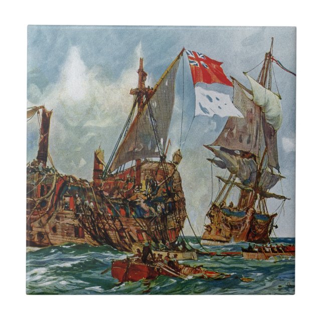 HMS Nottingham och slagskeppet Mars 1703 Kakelplatta (Framsidan)