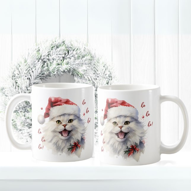 Ho Ho! Funny Cat Santa Mugg (Funny Cute white cat with Santa Hat Mug)