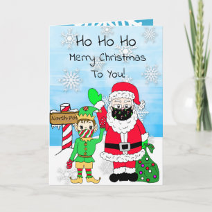 Ho Ho God jul Santa och Elf i Facemask Kort