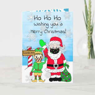 Ho Ho God jul Santa och Elf i Facemask Kort