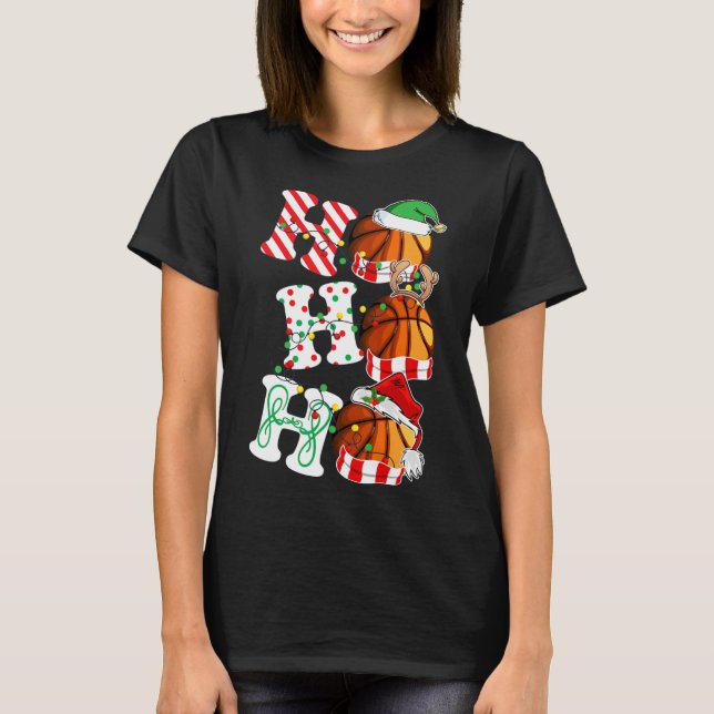 Ho Ho Ho Bysketbyll Ljus Santa Hat Reindeer Elf T Shirt (Framsida)