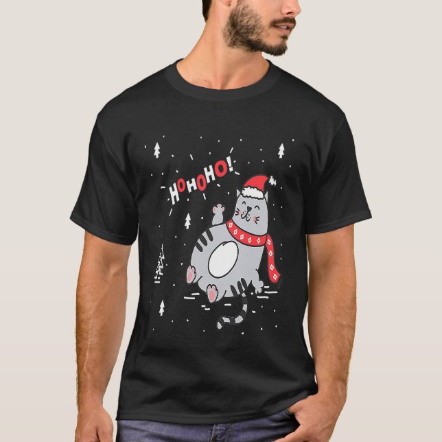 Ho Ho Ho Cat Santa Cat with Santa Hat Xmas T Shirt (Framsida)