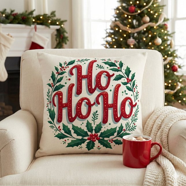Ho Ho Ho Christmas Wreath Typography Design Kudde (Ho Ho Ho Christmas Wreath Typography Design Throw Pillow Mockup A)