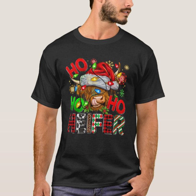 Ho Ho Ho Cute Highland Cow Santa Hat Buf T Shirt (Framsida)