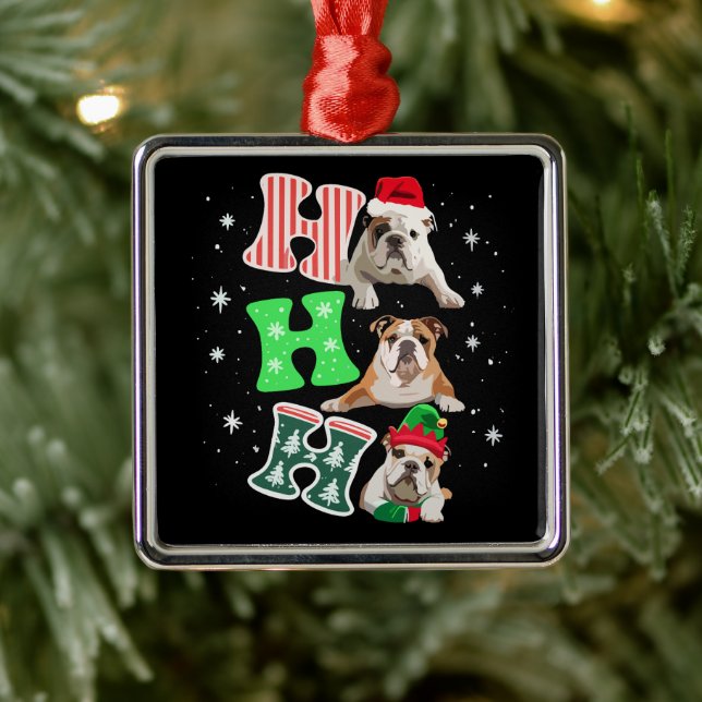 Ho Ho Ho English Bulldog Santa Reindeer Christmas  Julgransprydnad Metall (Träd)