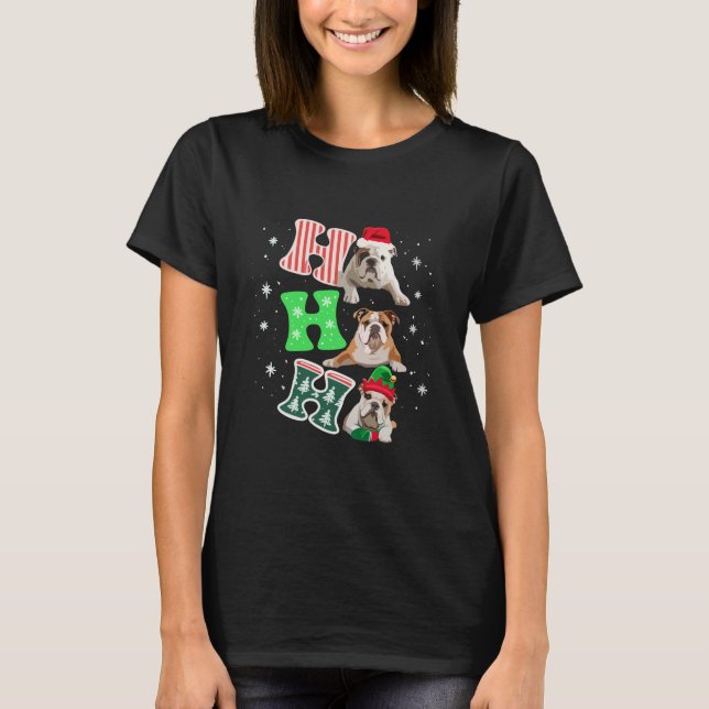 Ho Ho Ho English Bulldog Santa Reindeer Christmas  T Shirt (Framsida)