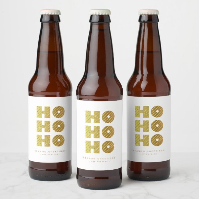 Ho Ho Ho | Enkel julafton Vit och Guld Ölflaska Etikett (Flaskor)