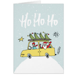 Ho Ho Ho/ Funny Santa & Car Julillustration Hälsningskort