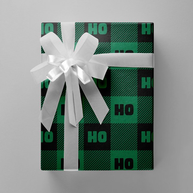 Ho Ho Ho Grön Svart Chic Jul Buffalo Rutig Presentpapper (Ho Ho Ho Green Black Chic Christmas Buffalo Plaid Wrapping Paper)