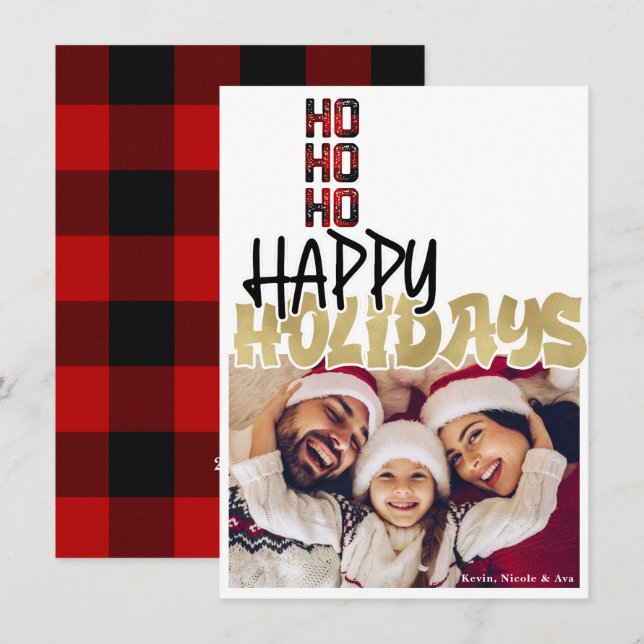 HO HO HO Grunge Holiday Guld Jul Fotokort Inbjudningar (Fram/baksida)