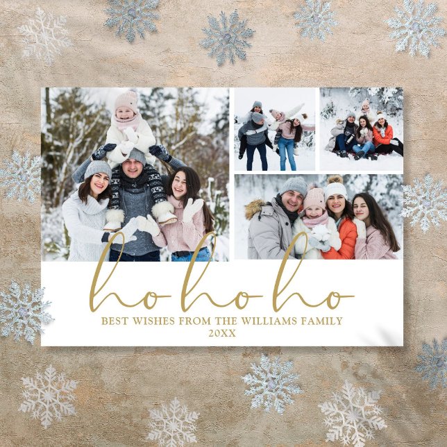 Ho Ho Ho Guld Script 4 Fotojul Julkort (Ho Ho Ho Gold Script 4 Photo Christmas Holiday Card)