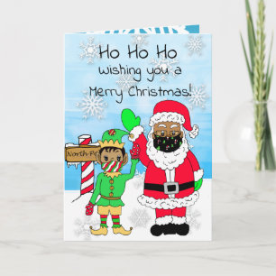 Ho Ho Ho jul Ethni Santa och Elf i Facemask Kort